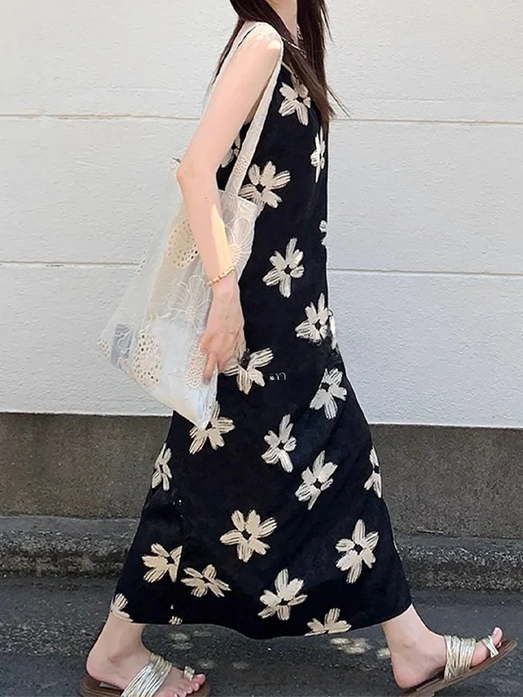 

Платье женское Rouje Kefss с цветочным принтом, повседневное, без рукавов, летнее, для отпуска, с завышенной талией, А-силуэт, длинное