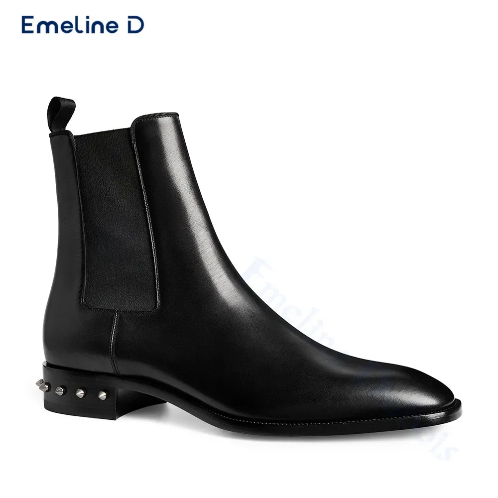 

Rivet Thick Heel Pull-On Boots Black Business Solid Color High Quality Boots Fashion Casual Trend Large Size Men's Shoes