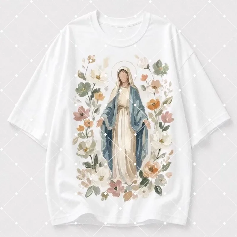 Floral Virgin Mary Watercolor Graphic T-Shirt Catholic Religious Vintage Art Comfort Tee