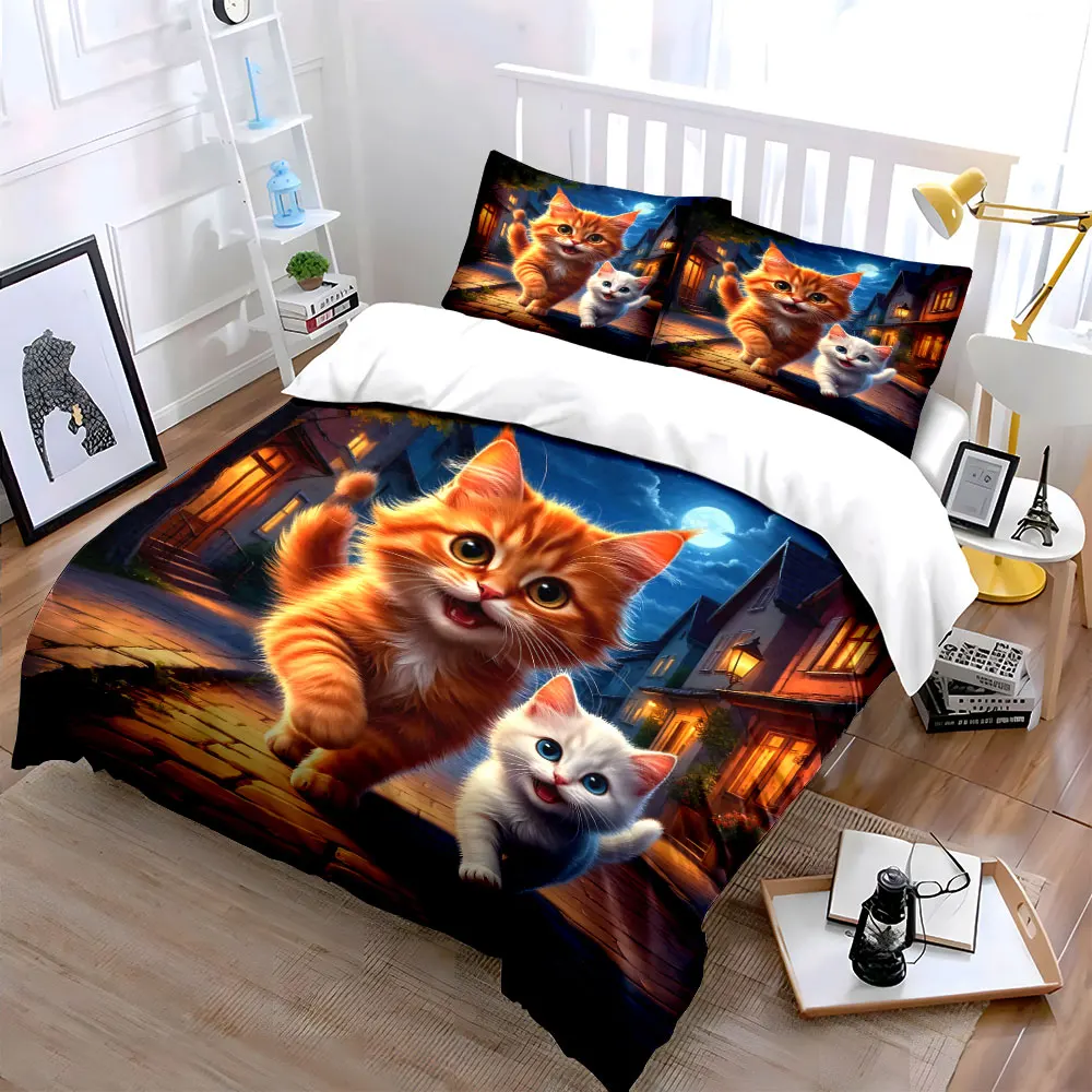 Playful cats on nighttime street Print Soft Comfortable Duvet Cover Bedding Set Included 1*Duvet Cover 2*Pillowcases