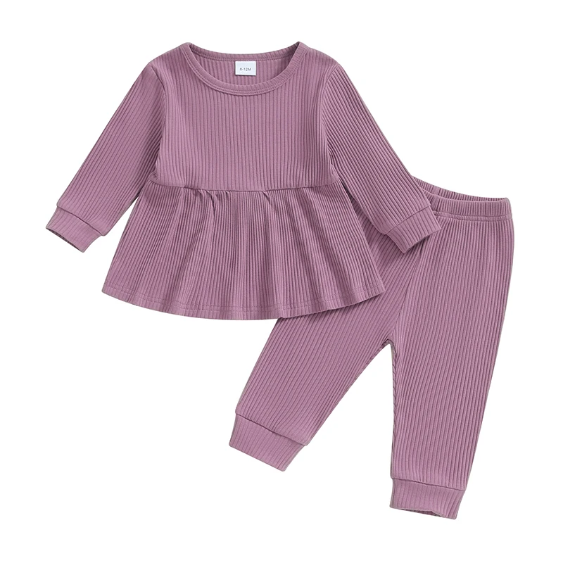 

Toddler Girls Fall Outfits Solid Colors Ribbed Long Sleeve Shirt and Elastic Pants Set Baby Cute 2 Piece Clothes