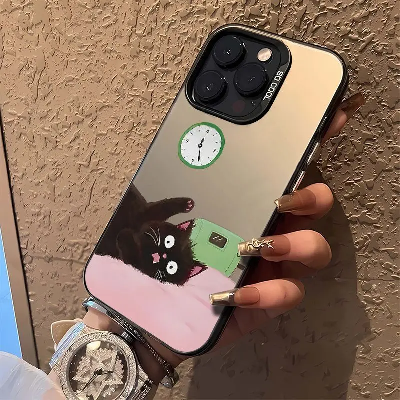 

The black cat pattern on the clock phone case for iPhone 16 15 14 13 12 11 Pro/ Max/Plus shock-proof rear cover anti-fingerprint