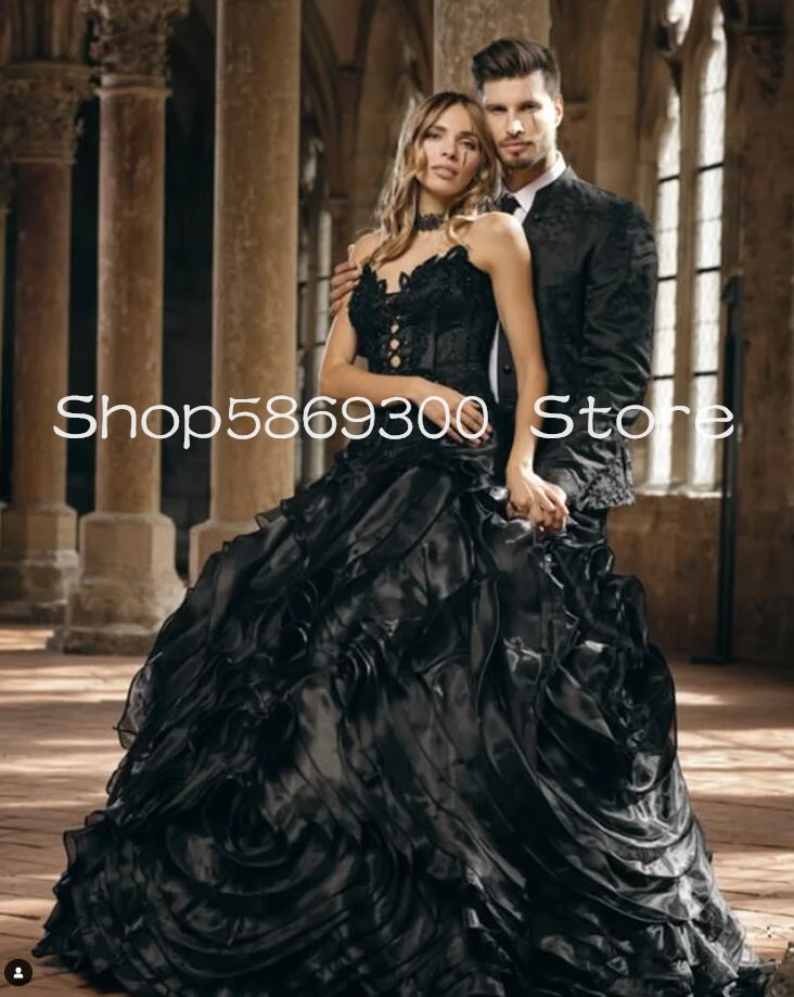 

Vintage Black Gothic Victorian Prom Dresses Luxury Ruffles Skirt Corset Lace-up Steampunk Costume Evening Gown Outfit Customisze