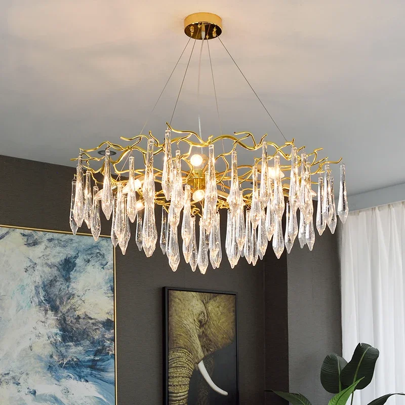 

French luxury branch chandelier simple Nordic living room and dining room gold mixed color crystal round decorative lights