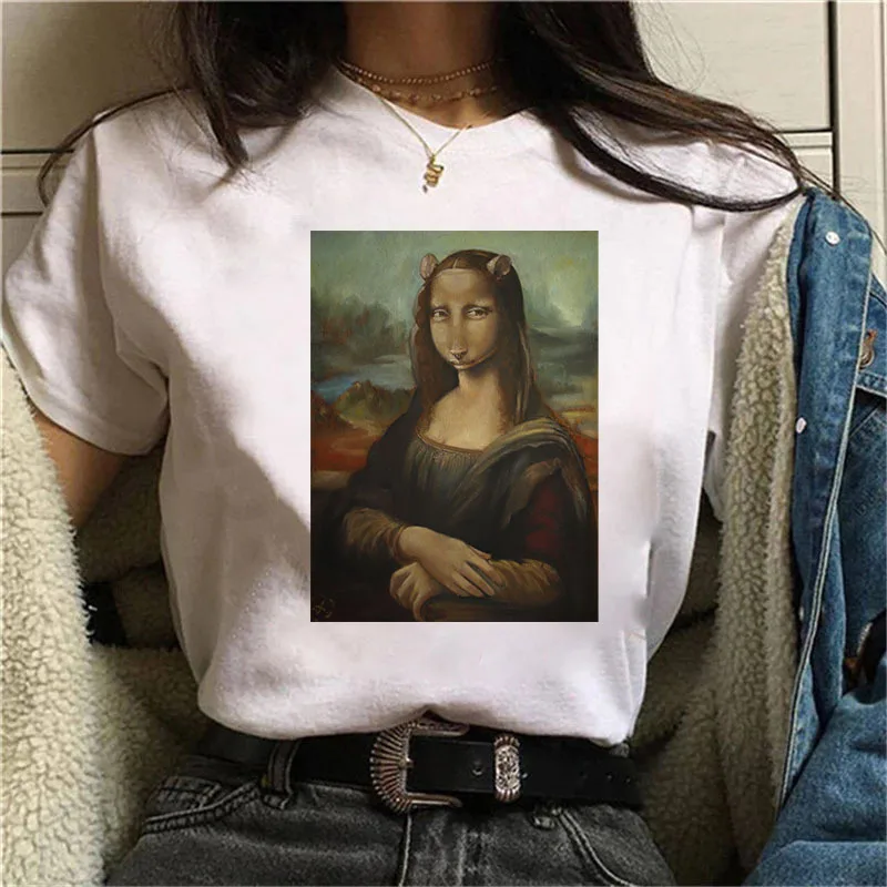 Funny Mona Lisa Print T-shirt Women\'s Humourous Graphic T Shirts Vintage Harajuku Tees Crop Top with Short Sleeve Female Blous