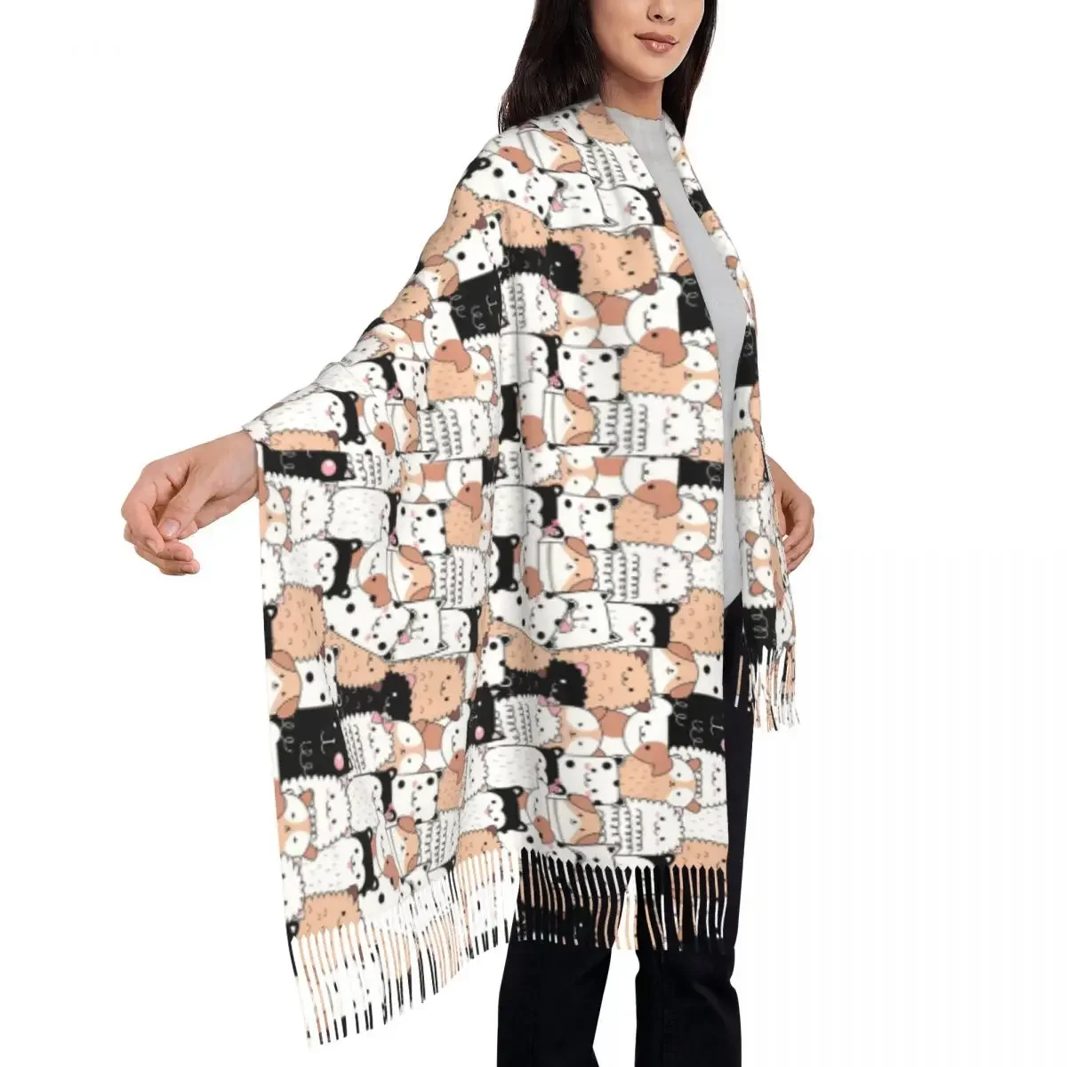 Cartoon Dog Print Scarf Men Women Cute Animal Scarves Wraps with Long Tassel Winter Vintage Shawls and Wrap Soft Design Bufanda