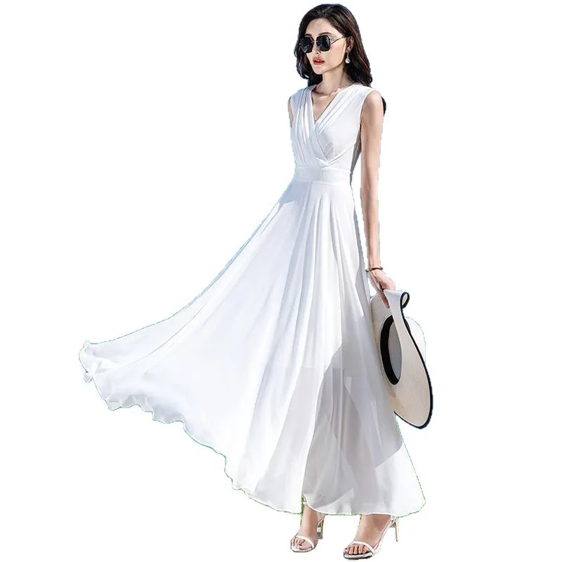 Mulheres vestido de chiffon sólido sem mangas longo balanço boêmio vestido de praia elegante senhoras verão vestido de festa feminino roupas