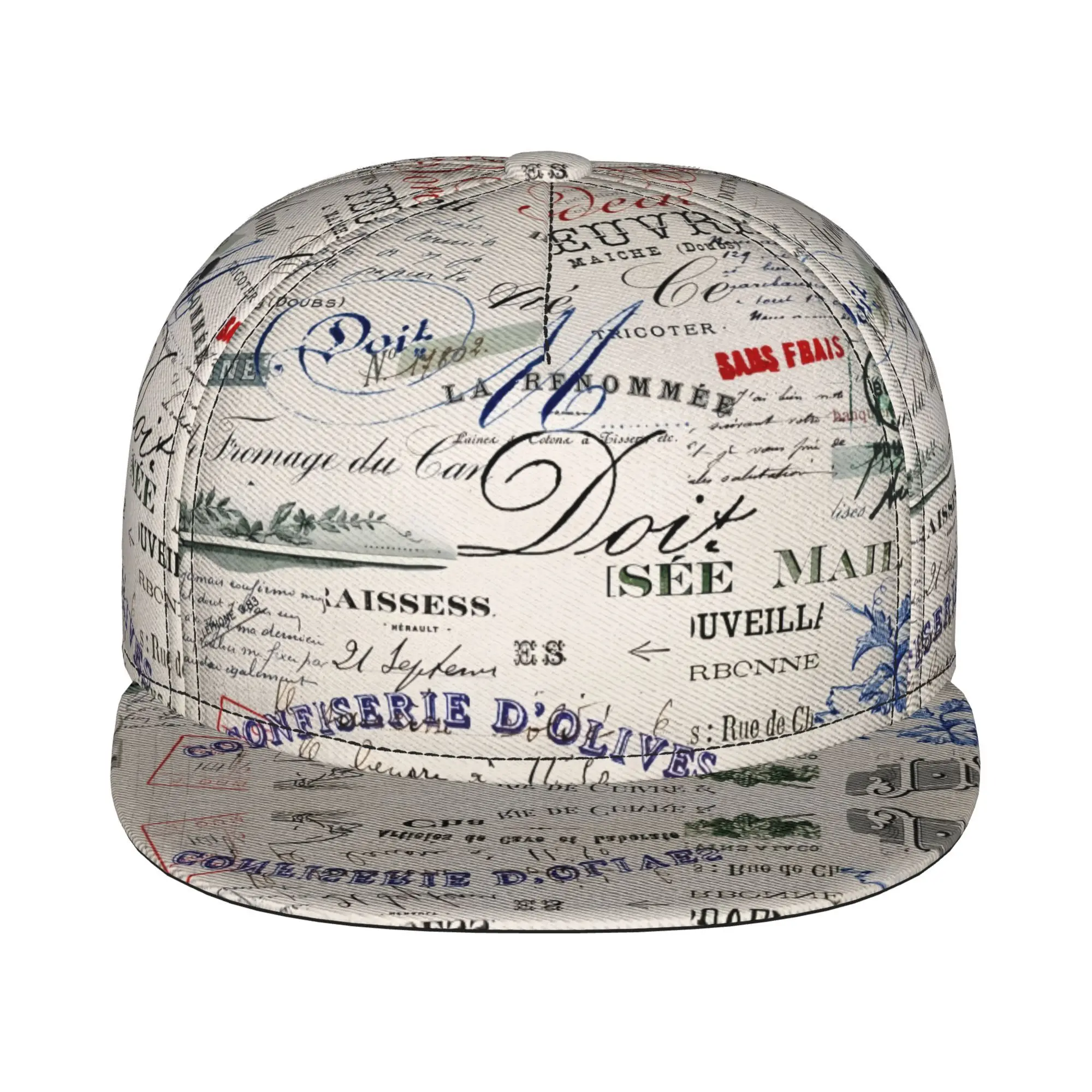 French Vintage Letter Paper 1pc Fully Printed Hip-Hop Caps, Stylish Flat-Brimmed Baseball Caps, Sports Outdoor Casual Caps