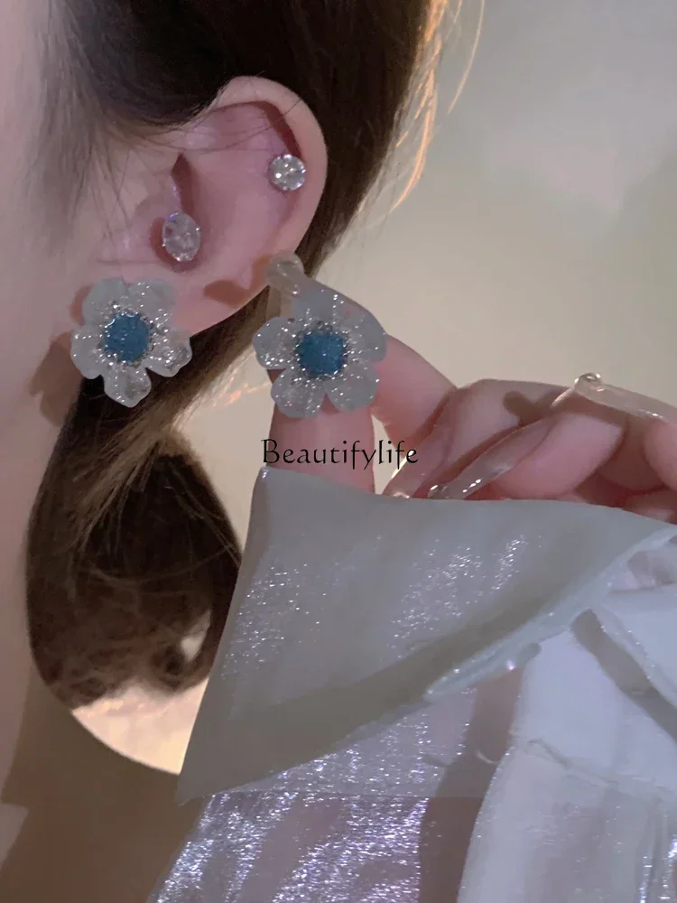 

Super Shiny French Retro Crystal Flower Earrings Sweet Refined Grace All Match Personality Earrings Women