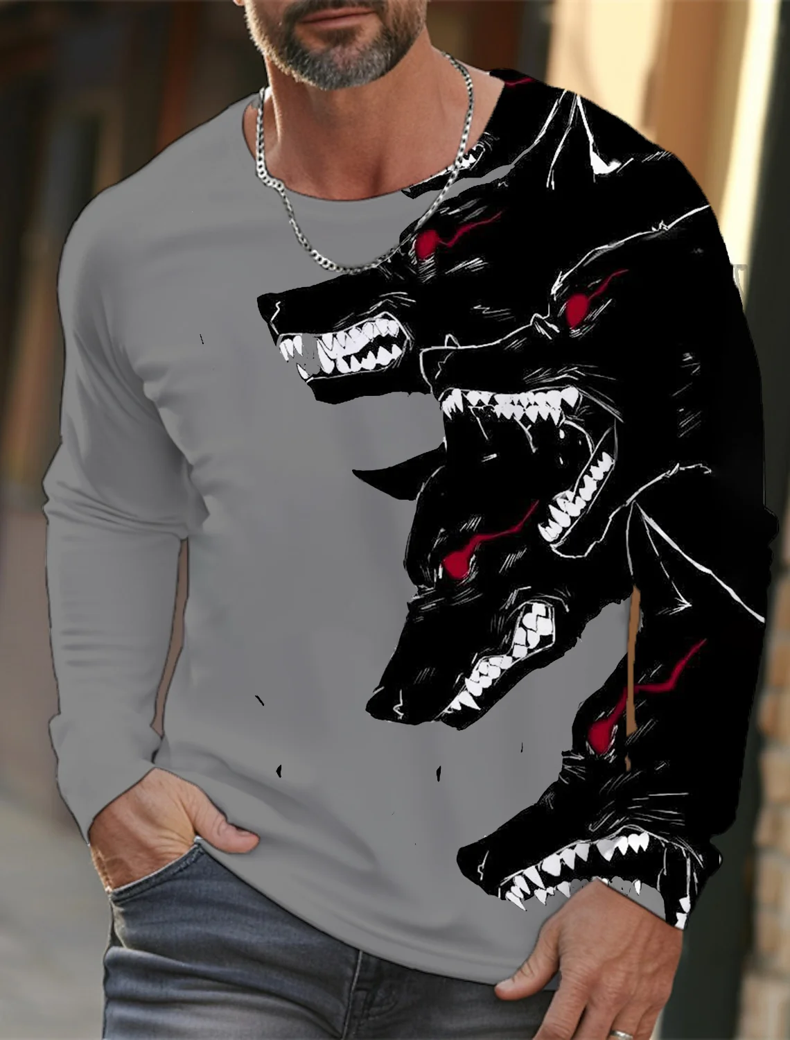 New Men's Long-sleeved T-shirt 3D Printed High-definition Wolf Animal Print Men's Autumn Tops Casual Round Neck T-shirt Tops