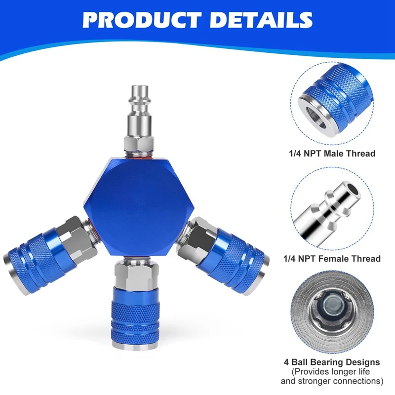 1 PCS 1/4 Inch NPT 3-Way Air Manifold ,Industrial Quick Couplers Plug Blue Aluminum Quick Connect Fittings