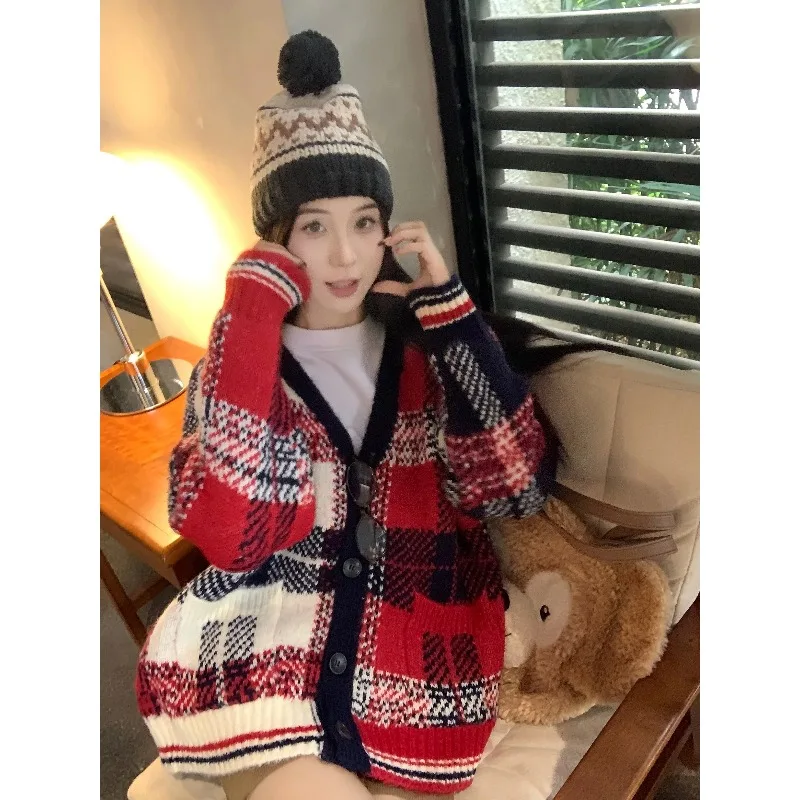 

V-neck Red Checkered Striped Sweater for Women Autumn Winter New Style Relaxed Style Color-matching Loose Knitted Cardigan Coat