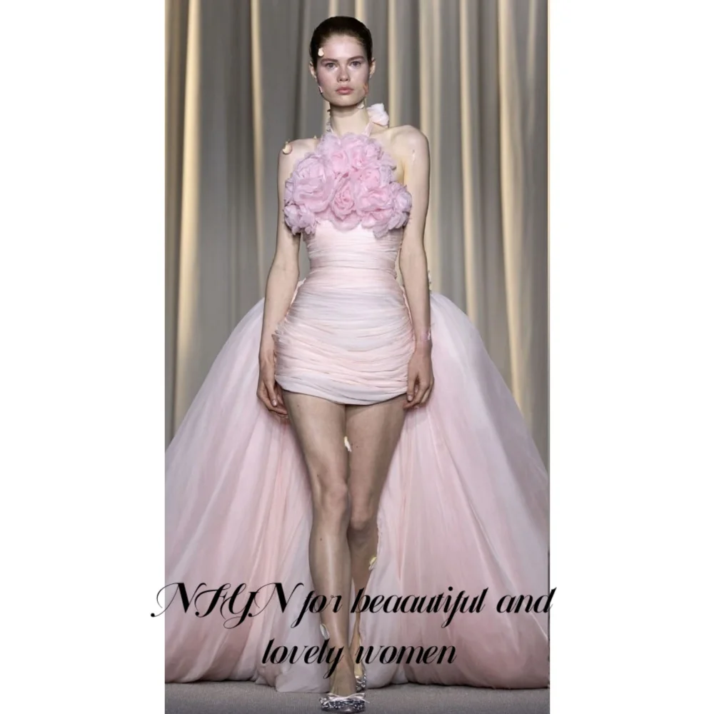 

NFYN Pink Sexy Prom Dresses 3D-Flowers Backless Prom Gown Pleating Trailing Chic Woman Evening Dresses robes du soir Customized