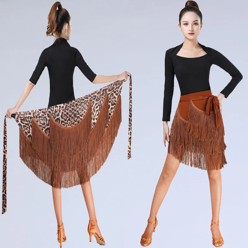 Sexy Leopard Latin Dance Skirt for Women Ballroom Latin Tango Tassel Dance Skirts Skate Wrap Scarf Fringe Dance Costume Women