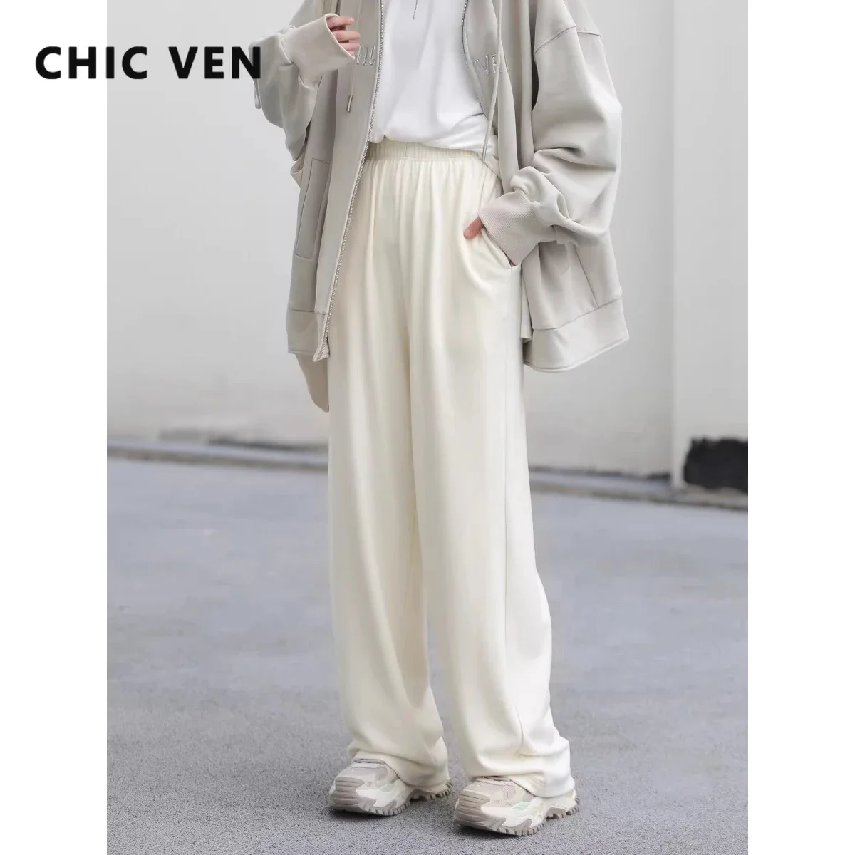 CHIC VEN Women Pants Elastic Waist Soft  Floor Mop Pant Straight Casual Woman Trousers Girl Sport Clothing Autumn Spring 2023