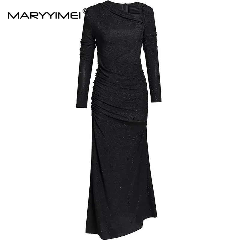 

MARYYIMEI Autumn and winter Women's Dress Asymmetrical-Neck Long Sleeved Pretty Slim Elegant Party Straight S-3XL Dresses