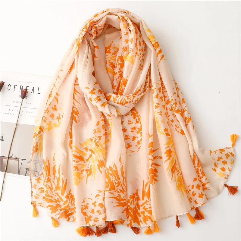 

2023 New Green Pineapple Floral Tassel Viscose Shawl Scarf Lady High Quality Wrap Thin Pashmina Stole Muslim Hijab 180*90Cm