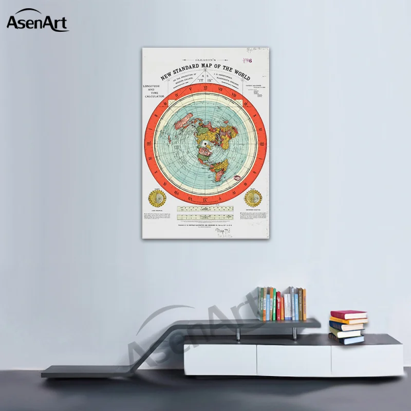 Flat Earth Map Scroll Canvas Poster Gleason\'s New  Of The World With Wooden Hanger Frame Wall Painting Picture Room Decor