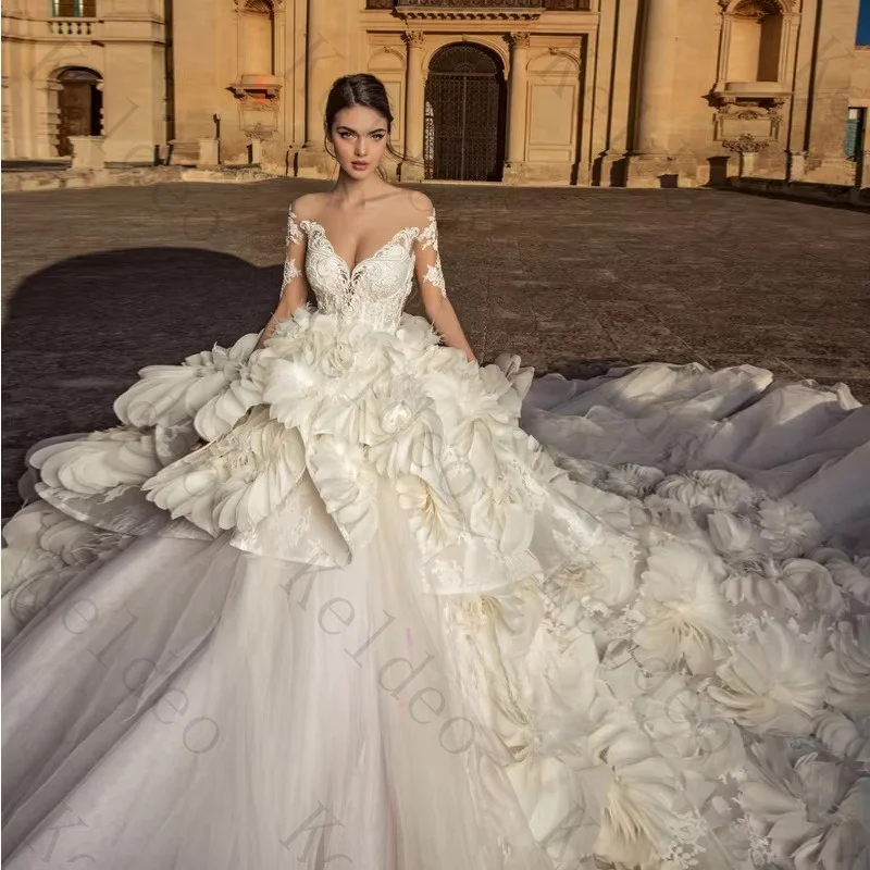Customized Exquisite Sweetheart A-Line Long Sleeve Wedding Dresses 2026 Lace 3D Flower Appliques Draped Floor-Length Bride Gowns