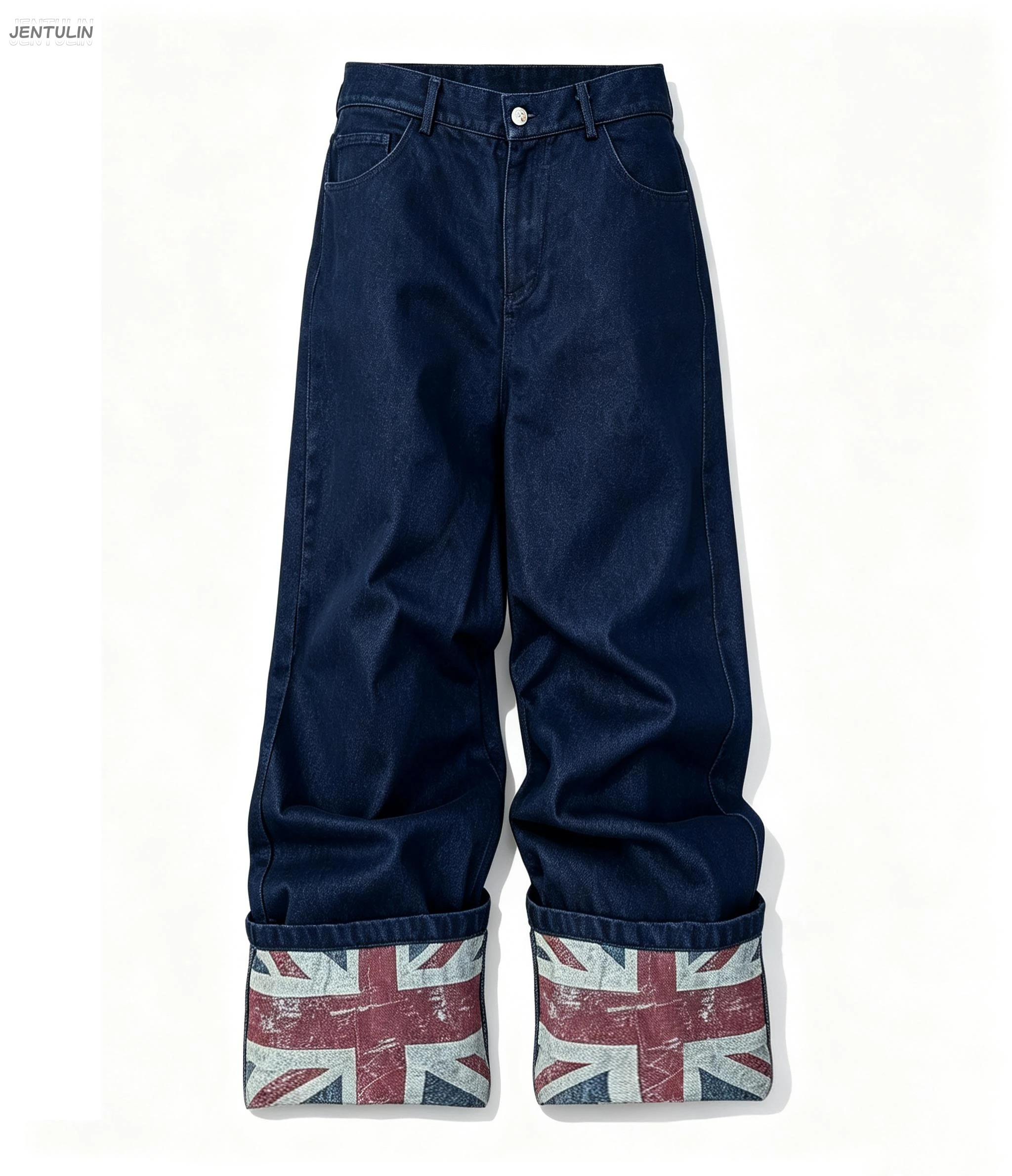Y2K Skate Dark Blue Denim Jeans UK Flag Print Cuffed Hem Loose Wide Leg Patchwork Trousers Gothic High Street Casual Pants