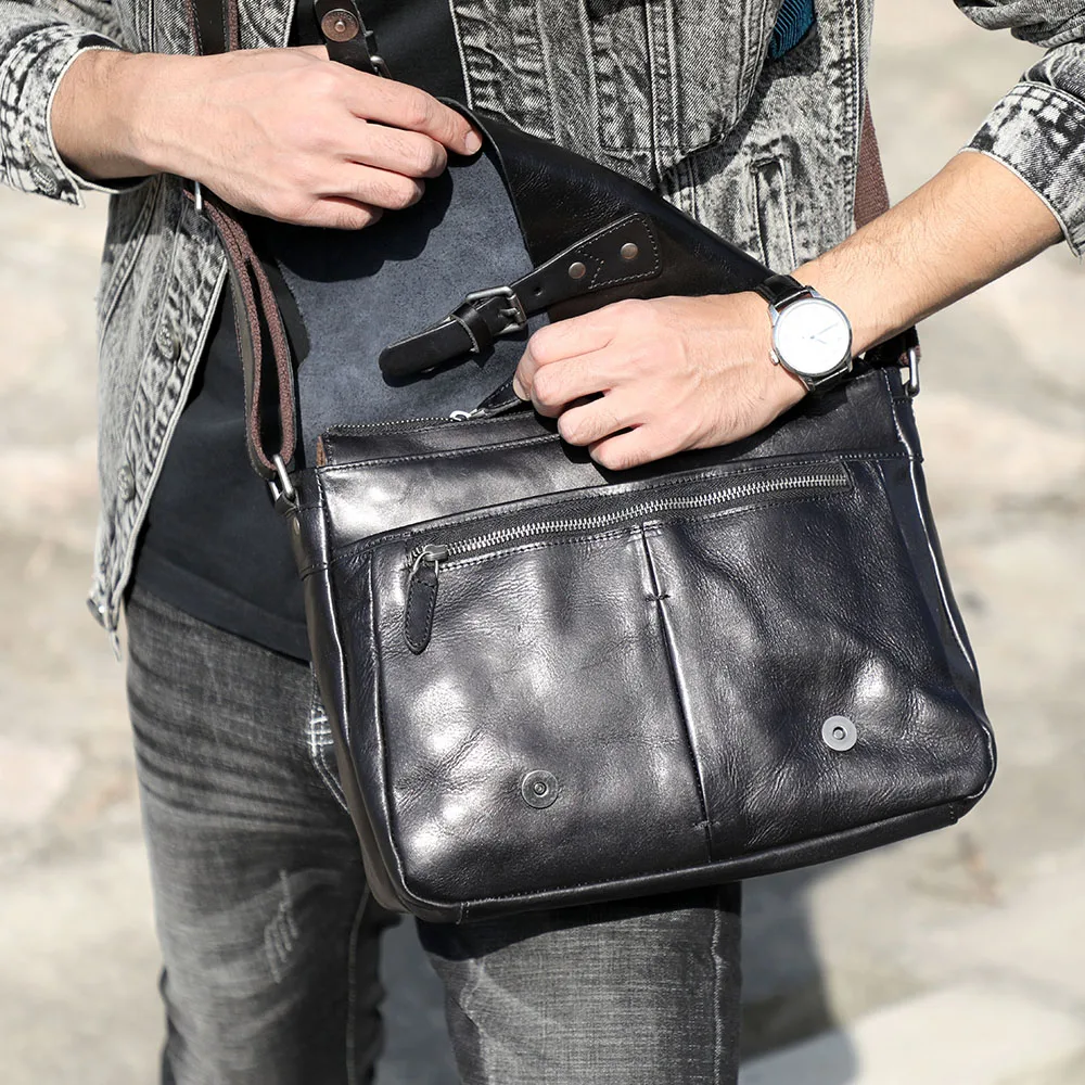 S.WORKER Echtleder Herren-Umhängetasche, Crossbody-Taschen, einfache Messenger-Taschen, Rindsledertasche, pflanzlich gegerbte Mode, lässig. – Detail 4