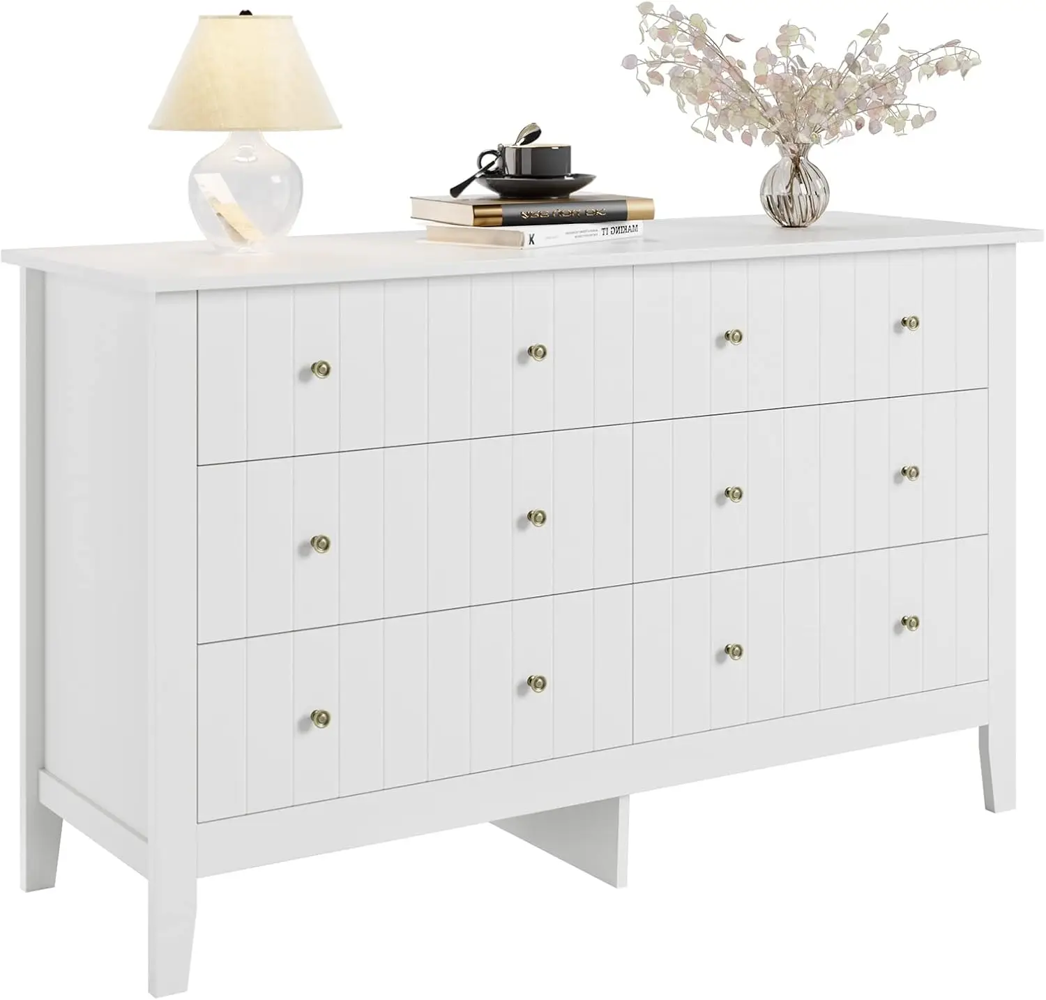 White Dresser, Chest of Drawers, Modern 6 Drawer Double Dresser with Deep Drawers, Wide Storage Organizer Cabinet for Living Roo