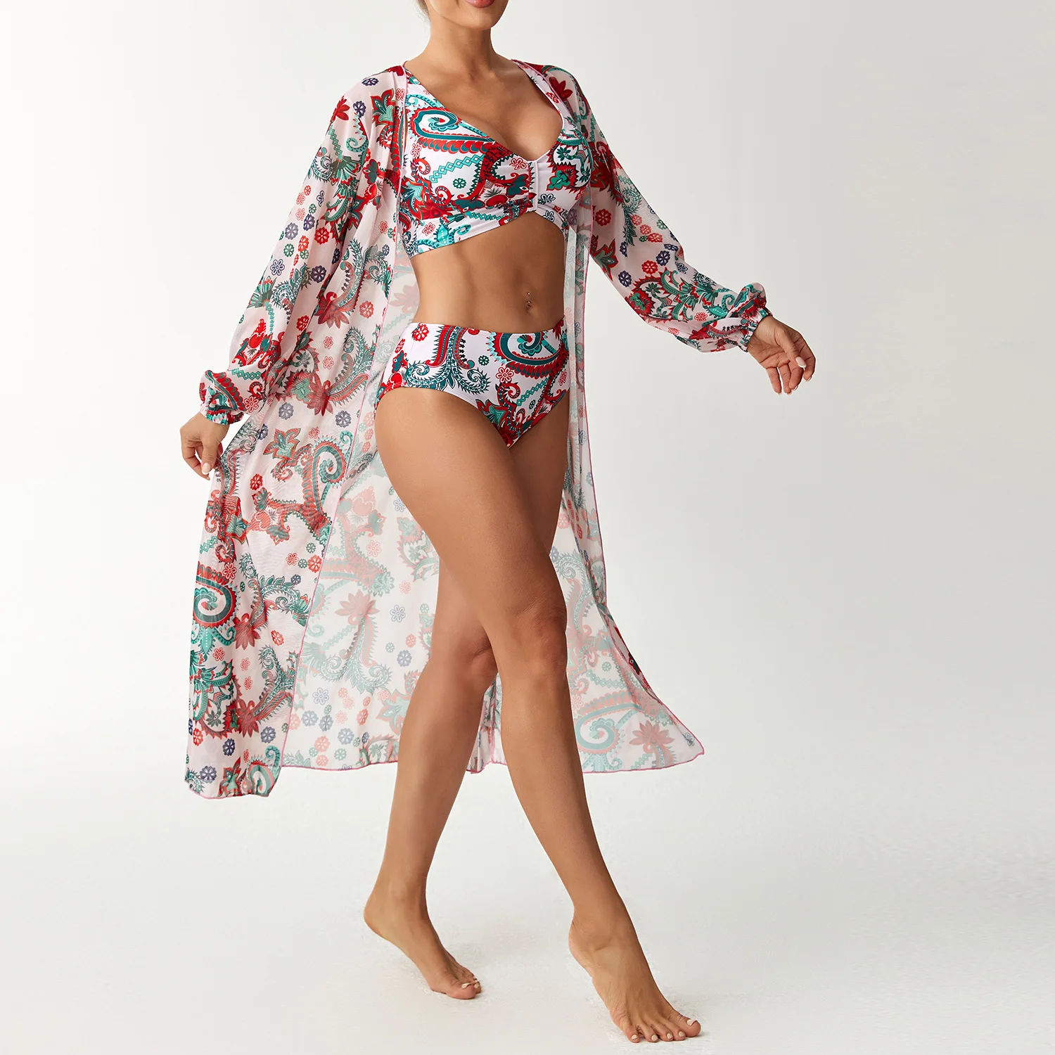 

Bathing Suit Women European And American Swimwear Sexy Tight-fitting Printed Blouse Women's Three-piece Swimsuit Set