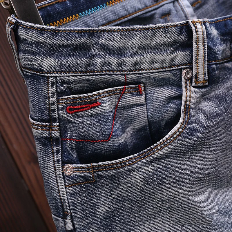 Newly Fashion Vintage Men Jeans Retro Blue Elastic Slim Trousers Hole Ripped Jeans Men Embroidery Designer Denim Pants Hombre