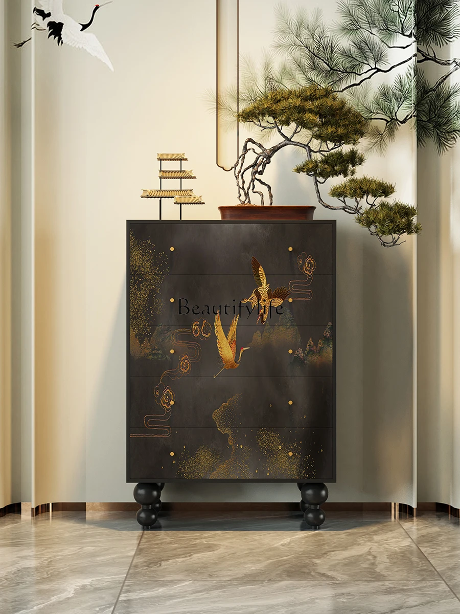 New Chinese-style Yunzhong Crane Wudou storage entrance aisle solid wood decorative cabinet free installation