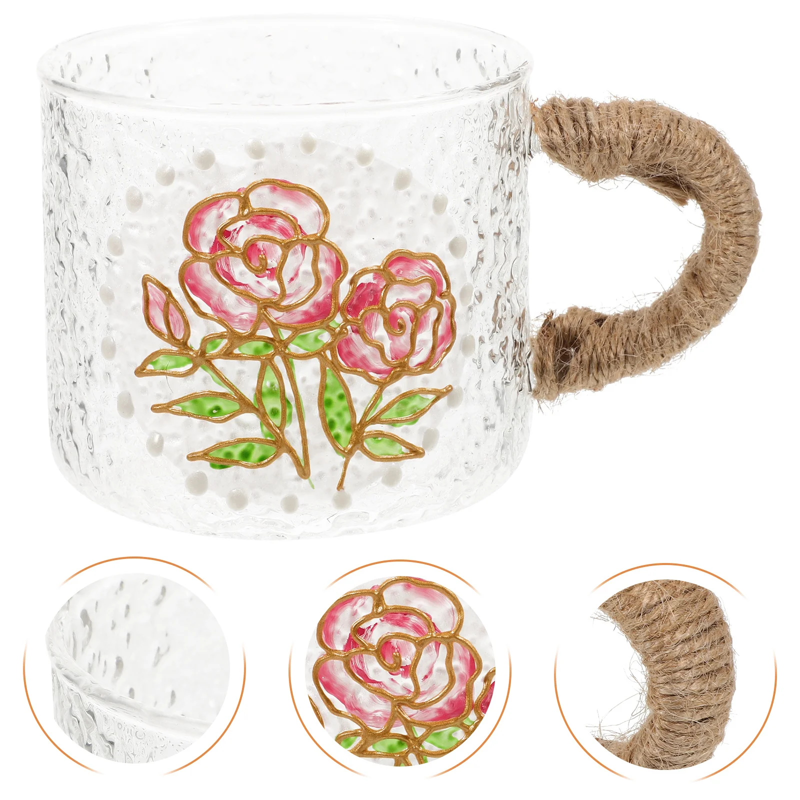 

Vintage Glass Water Cup Elegant Flower Design Tea Mug Stainless Steel Hemp Rope Handle Home Office Use Fancy Tea Cups