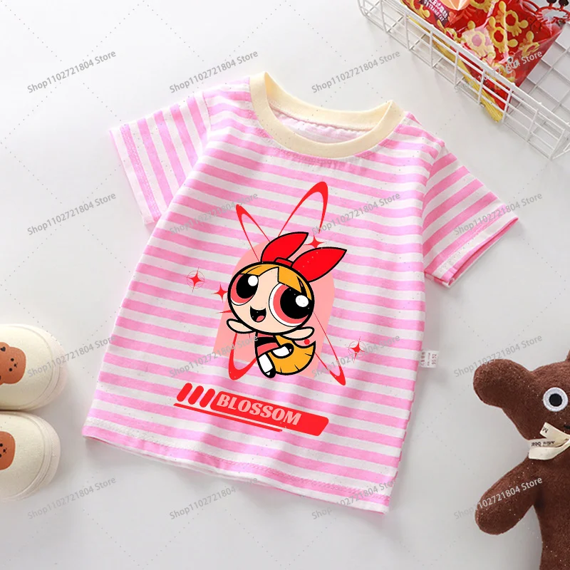The Powerpuffs Girls Striped T-shirt for Girls Anime Cartoon Cute Short-sleeved Top Children Summer Fashion Sports T-shirts Gift
