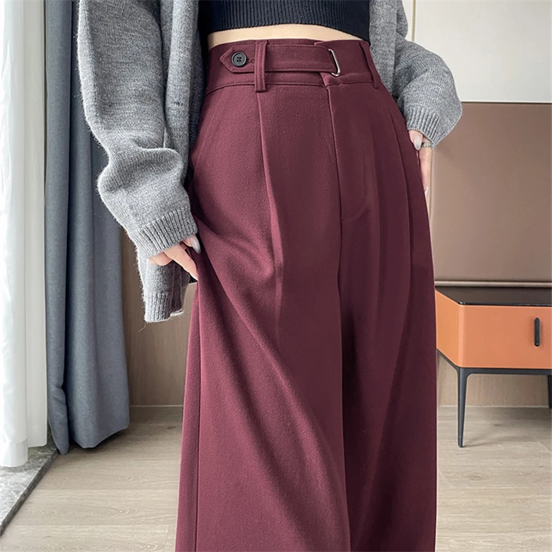 Autumn Winter Woolen Women's Wide Leg Pants 2024 New High Waist Korean Solid Vintage Casual Loose Full Trousers Female