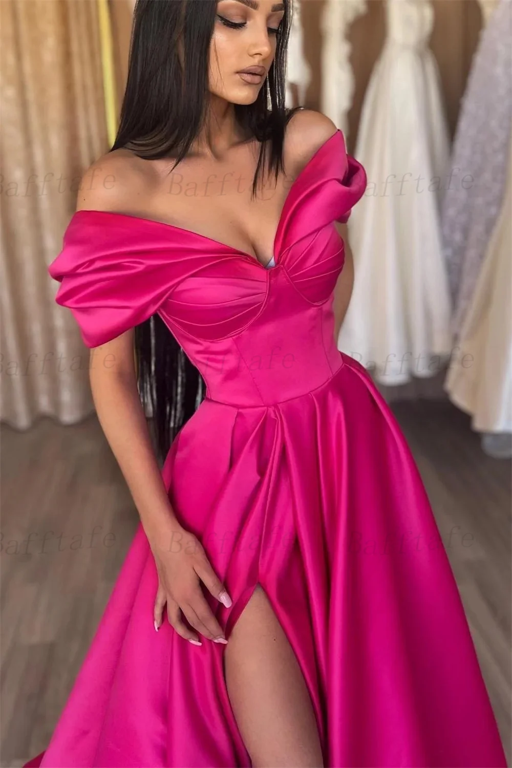 Bafftafe A Line Satin Women Evening Dresses Off The Shoulder Slit Long Prom Gowns Formal Special Occasion Party Dress Customized