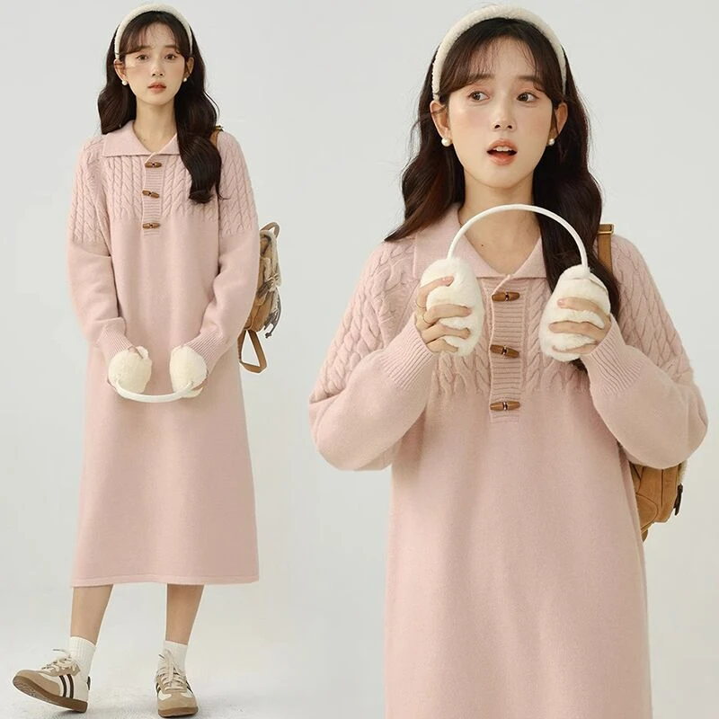 Autumn and Winter Pregnant Women's Knitted Dresses Solid Color Long Sleeve Turn-down Collar Button Fly Maternity Straight Dress