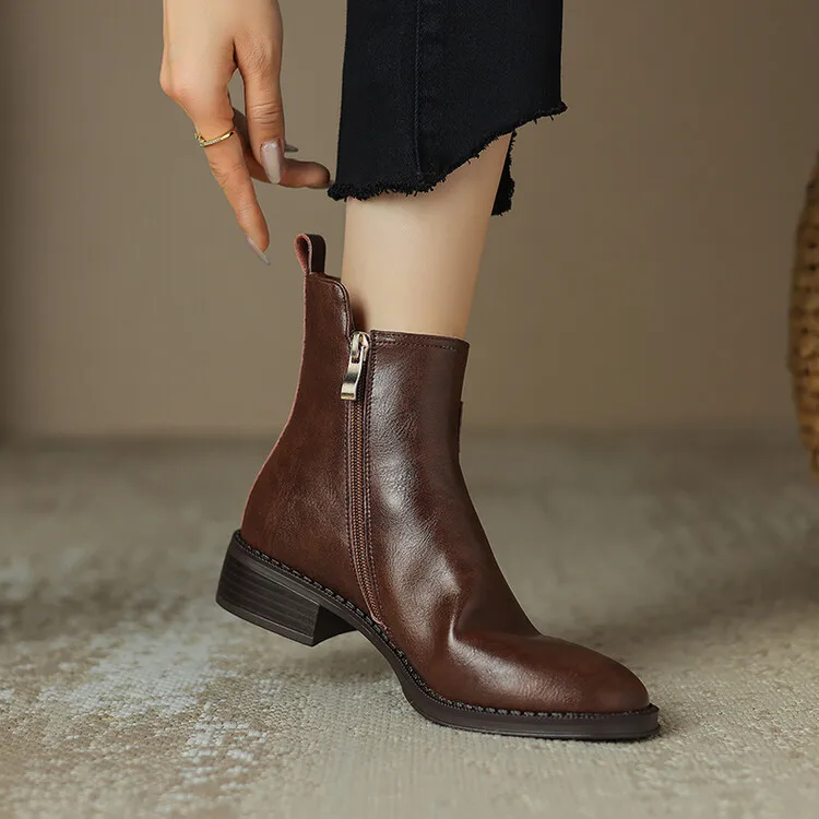 NEW Autumn/Winter Women Boots Round Toe Low Heel Chelsea Boots Split Leather Shoes for Women Retro Ankle Boots Belt Buckle Shoes