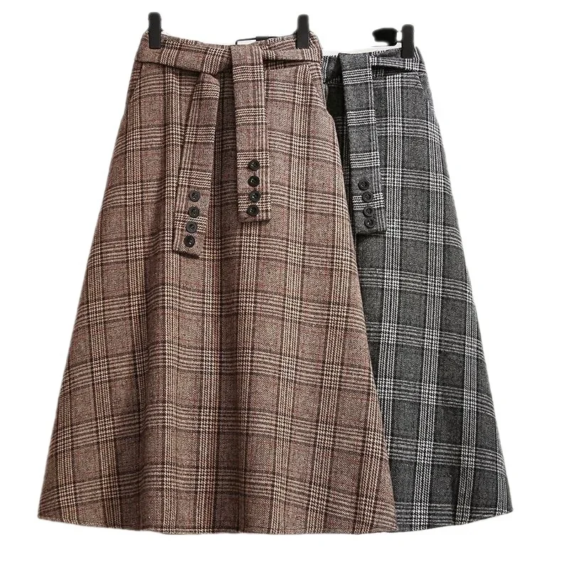 Plaid Skirt Women Autumn Winter Vintage Skirts Female Korean Style A-Line Maxi Skirt Ladies Elegant Casual Woolen Long Skirts