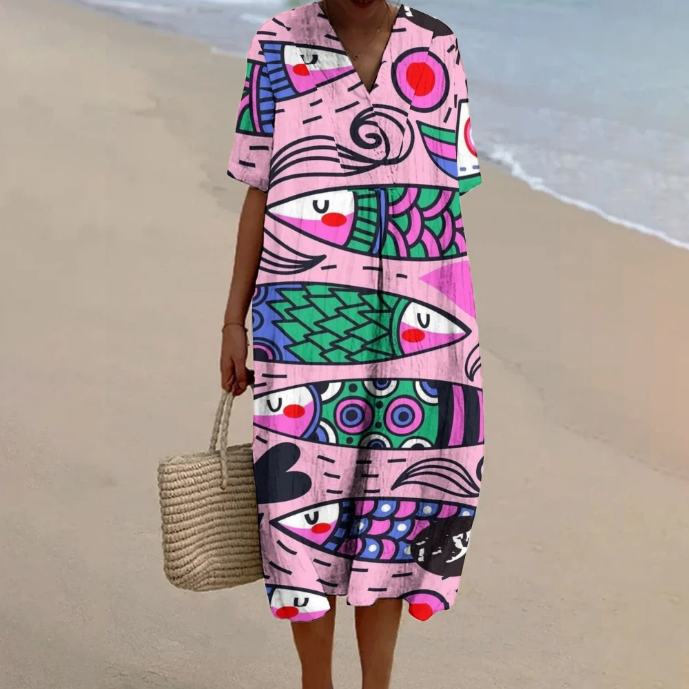 Luxury Brand Designer Dress 2024 Venezuela Elegant V-Neck Baggy Sundress Vestidos ﻿Women's Sardine Fish Print Bohemian Dresses