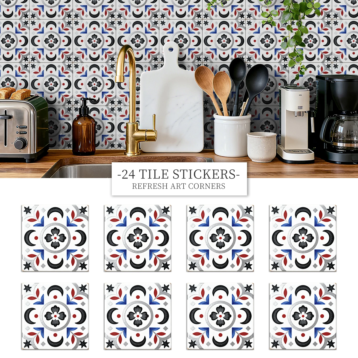 

36Pcs Vintage Floral Tile Stickers, Self-Adhesive Peel and Stick Wall Decals, Waterproof for Kitchen Bathroom Home Decor