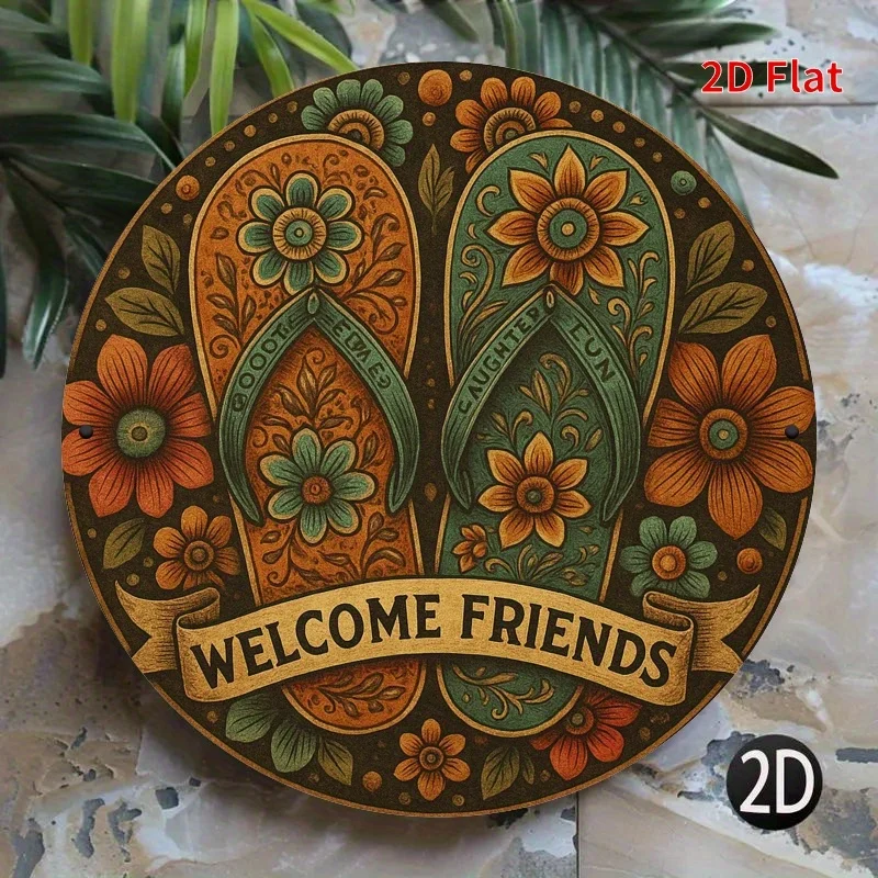 1 Benvenido Amigo Zapatillas de flores Etiqueta de metal - Tira decorativa de flores verde y naranja Banner "ORLCOME FRIENDS"