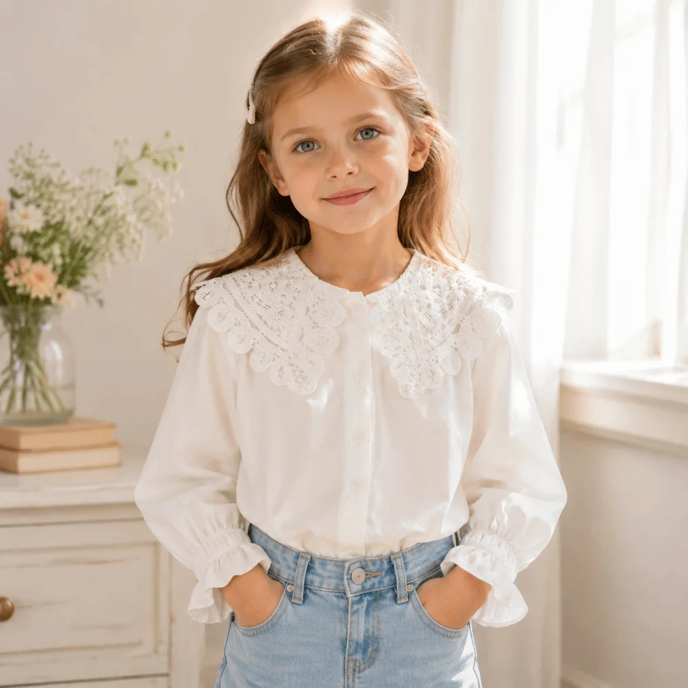 Lace Embroidery Long Sleeve Blouse Hollow Out Collar Solid Color White Cotton Shirt Top Long Sleeved Loose Fit Lace Collar Shirt