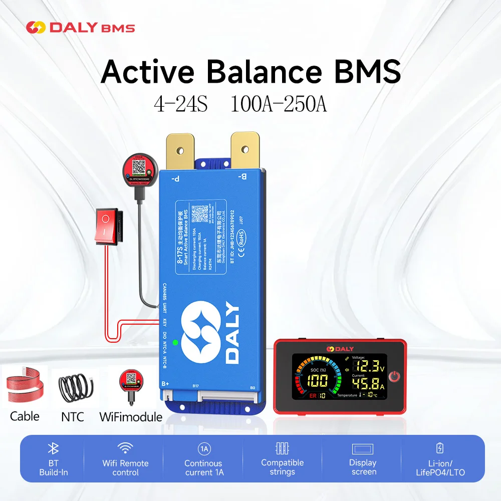 

DALY Smart BMS 100A 150A 200A 250A 4S 8S 16S 12V 24V 48V LiFePo4 1A Active Balance BMS with LCD CAN/RS485 UART WIFI KEY
