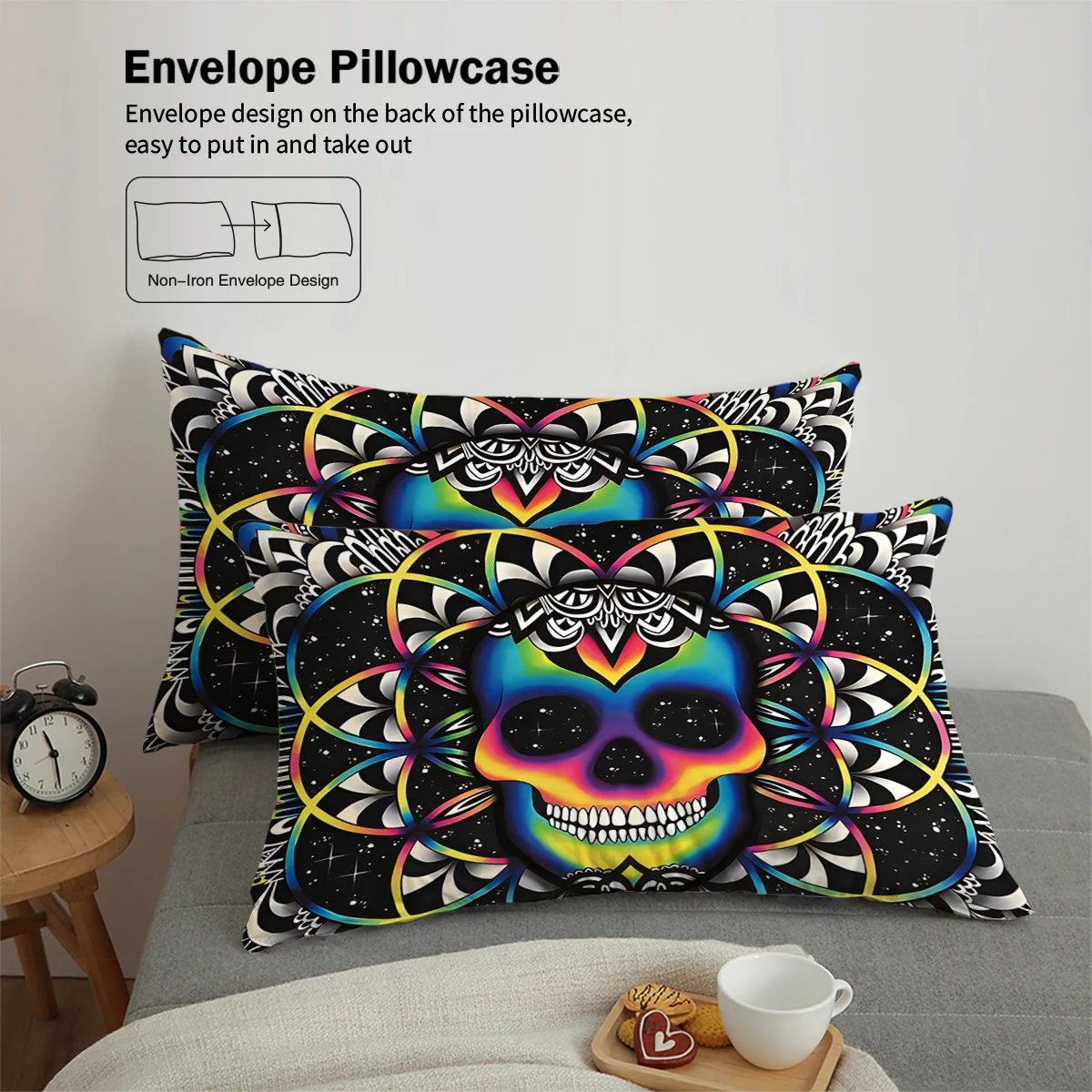 3-piece down duvet cover set with skull flower pattern print (1 duvet cover+2 pillowcases, no core) Halloween themed bedding set