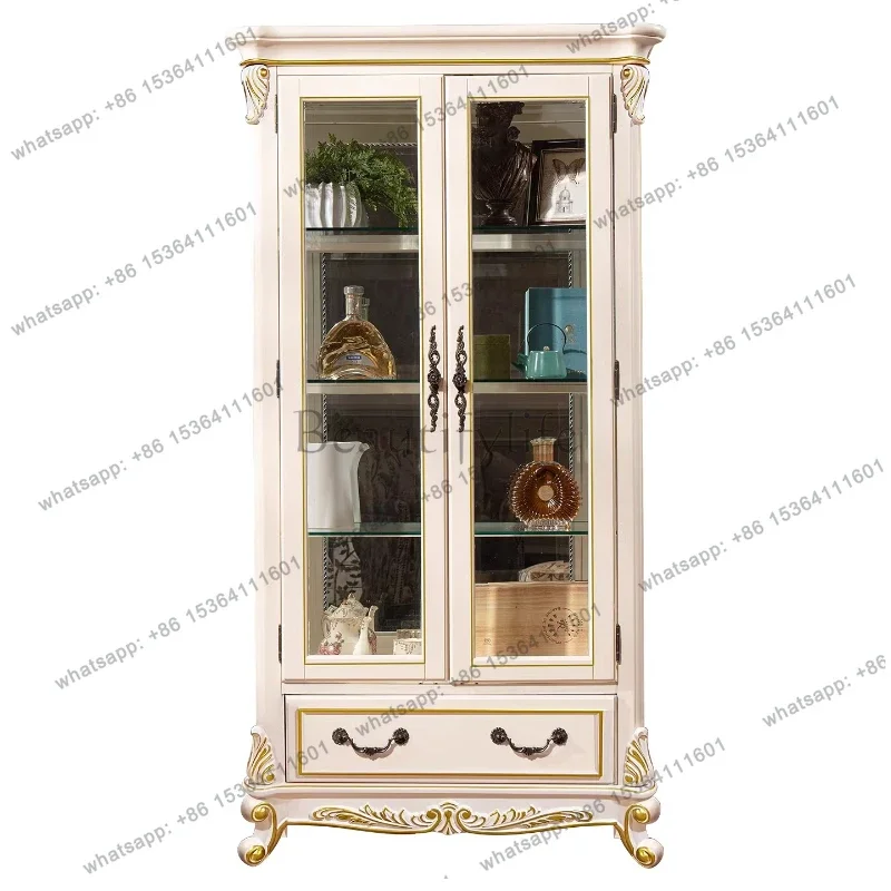 

02American solid wood living room storage ivory white edge gold-painted cabinet dining room display cabinet