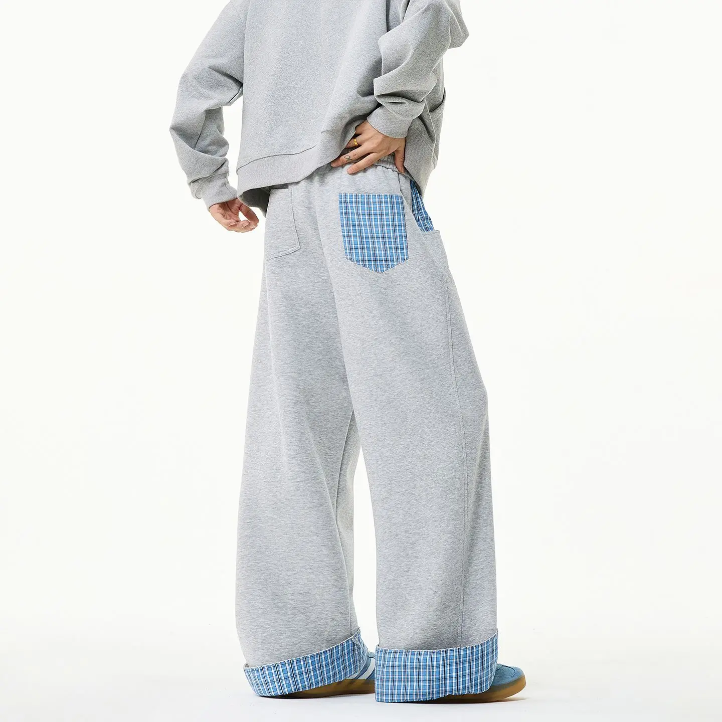 Curled Checked Splicing Scimitar Sweatpants Men's American Straight Sports Trousers Wide-leg Casual Pants