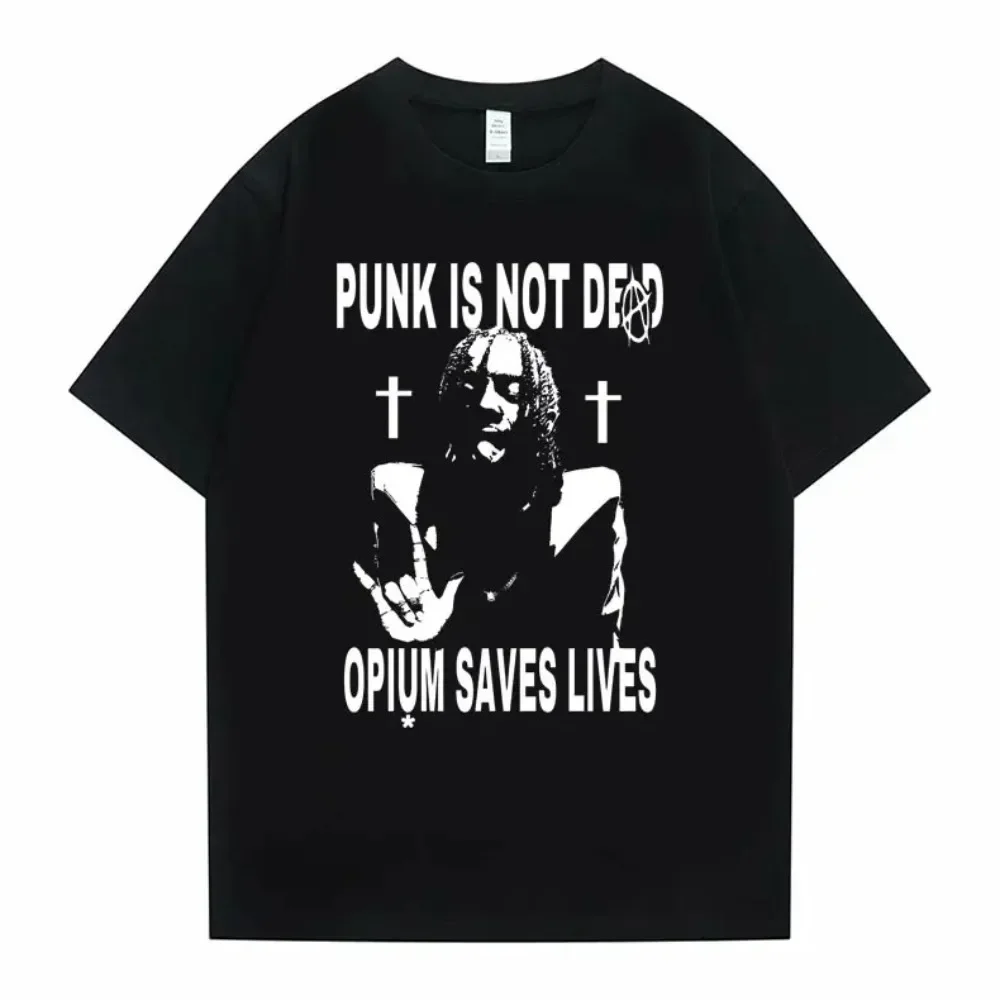 Hip Hop T Shirt Carti Punk Is Not Ded Opium Save Lives Black White Font Tees Men Tops Summer Pure Cotton Short Sleeves Streewear