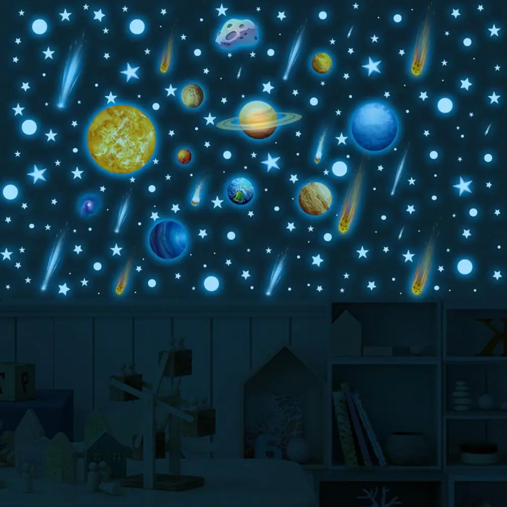 Waterproof Planet Decals Solar System Planet Wall Sticker Set for Kids Bedroom Glow Dark Adhesive Waterproof Pvc Removable