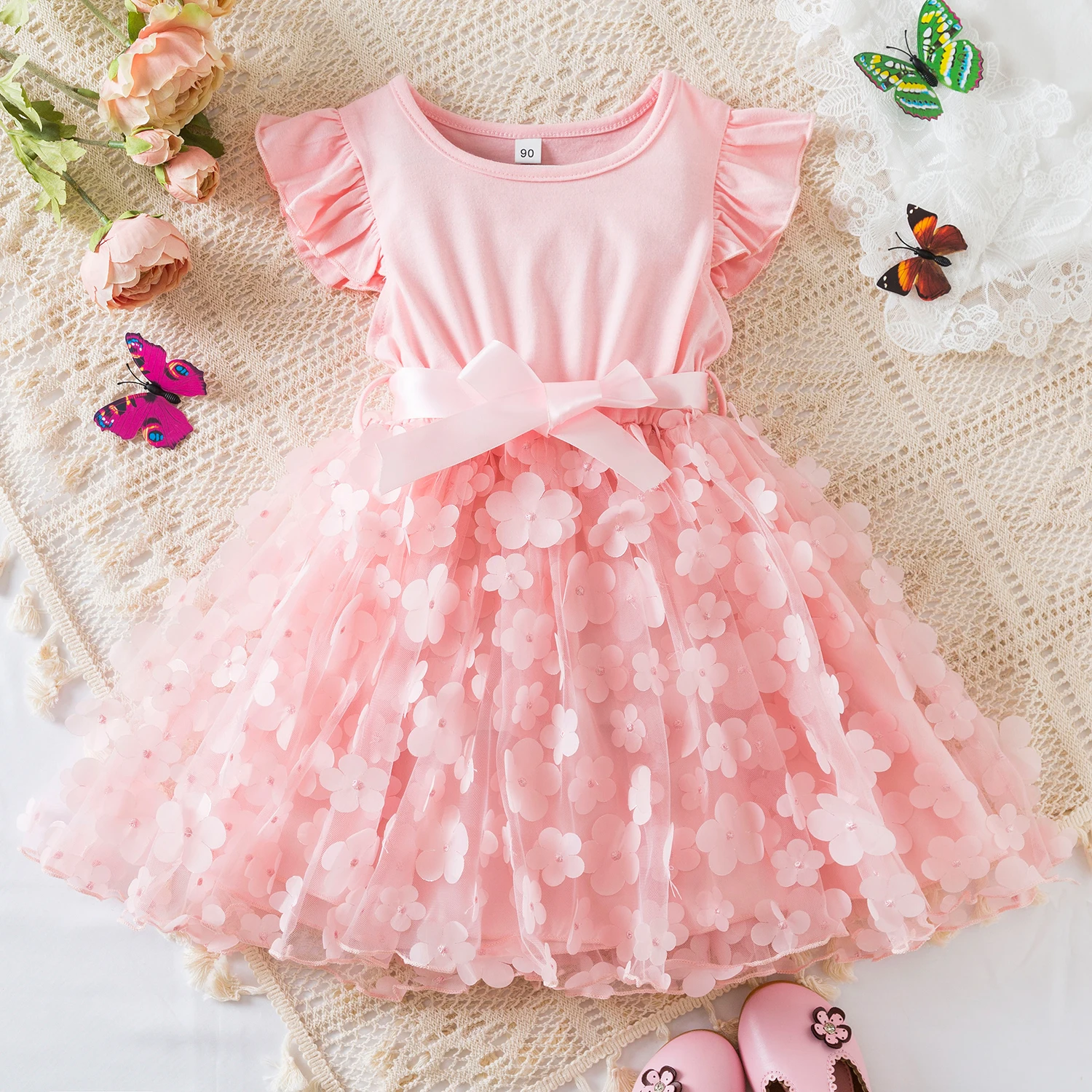 Summer 3D Flower Mesh Ruffles Sleeves Dress 1-5 Years Toddler Girls Birthday Party Princess Dress Tutu Cute Baby Girls Clothes