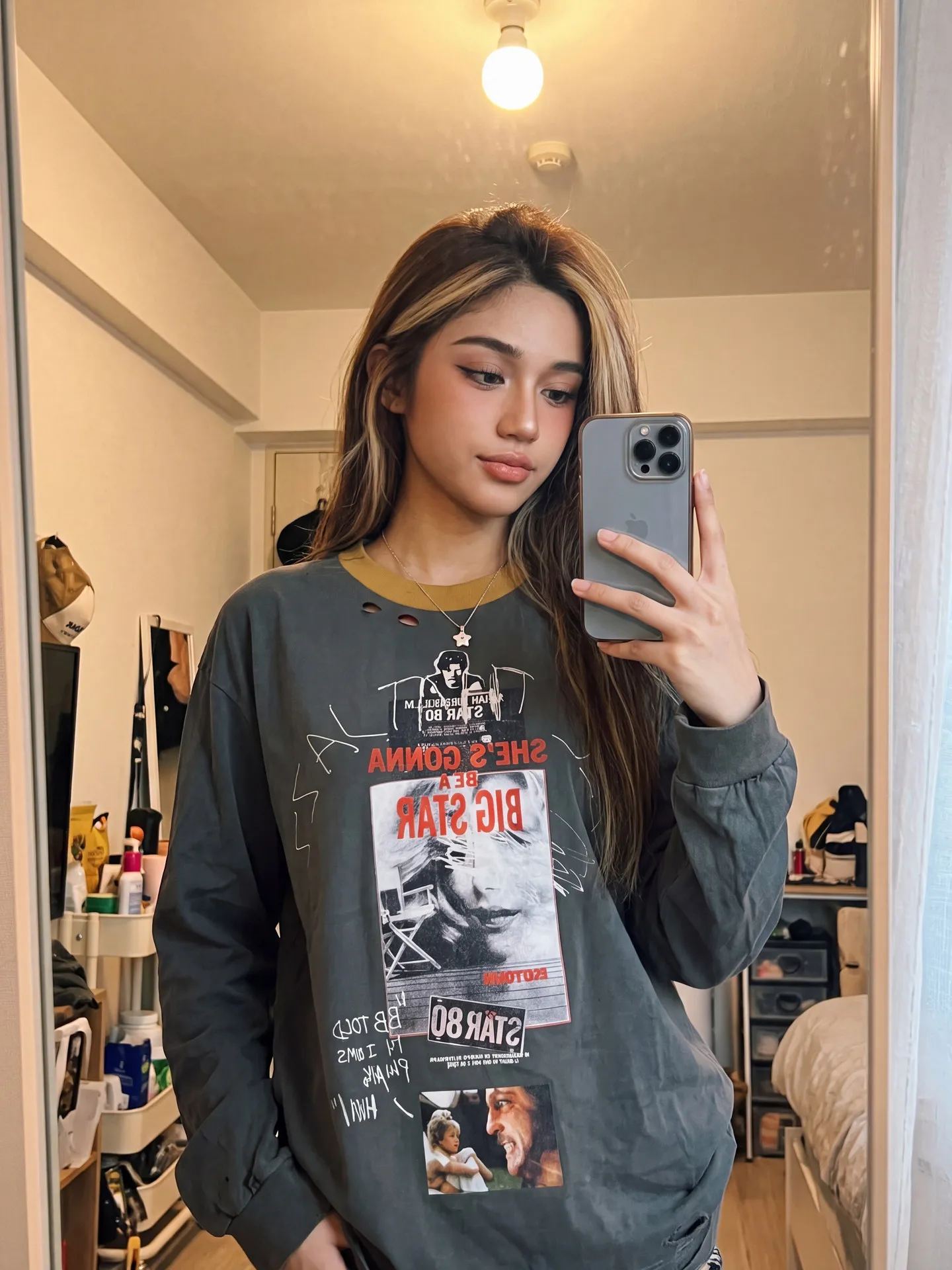 Yao Fashion Big Star Tee Tops Vintage Character Printing Hip Hop Casual Oversize Kanye West Long