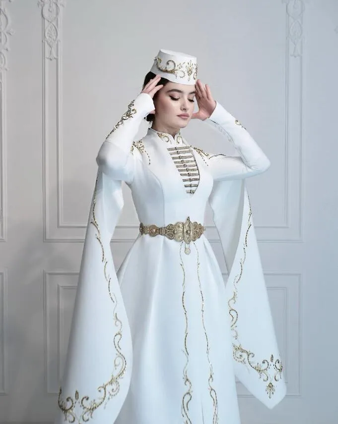 Ossetian National Wedding Dresses with Long Sleeve Cape Gold Luxury Embroidery Pearls High Neck Muslim customsized Bridal Gown