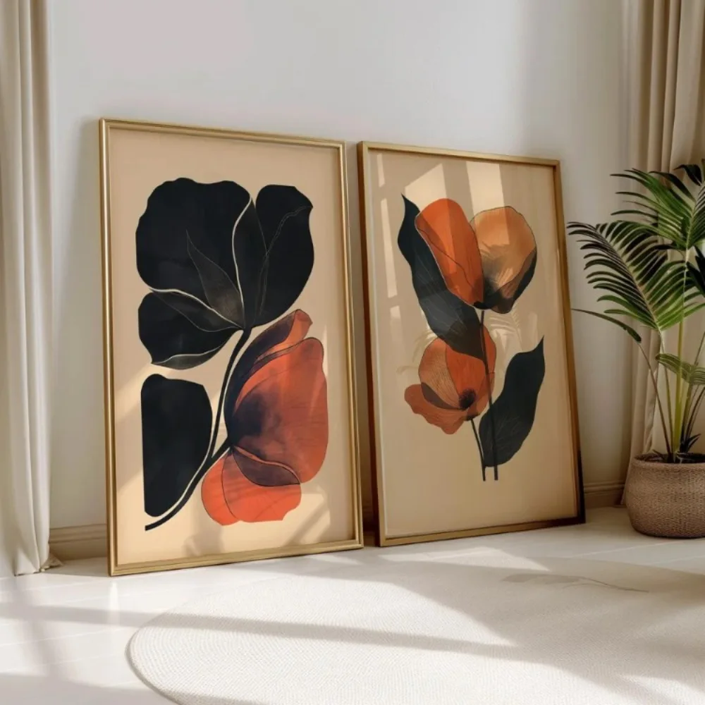 Frameless Retro Plant Abstract Plant Wall Art,Beige,Brown,Olive Green Canvas Paintings in Earth Tones,Aesthetic Room Decoration